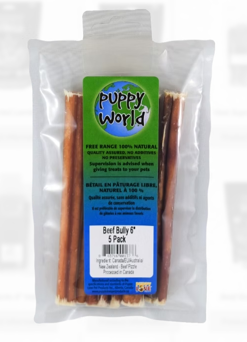 Puppy World Beef Bully Stick 6" 10 Pack Puppy World